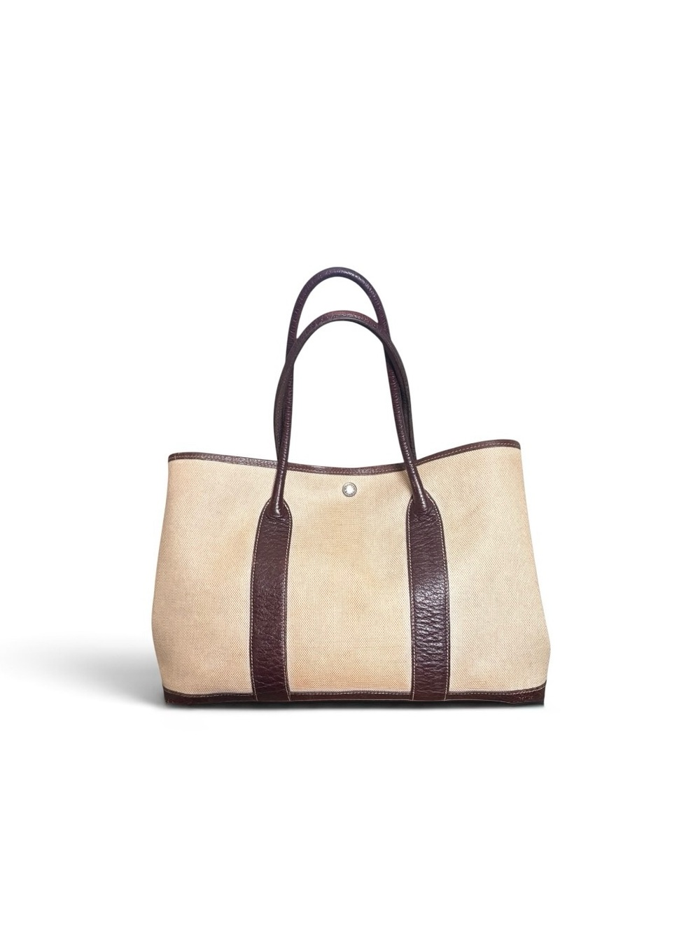 Hermes Garden Tote PM Beige Canvas Tote with Dark Brown Leather Trim